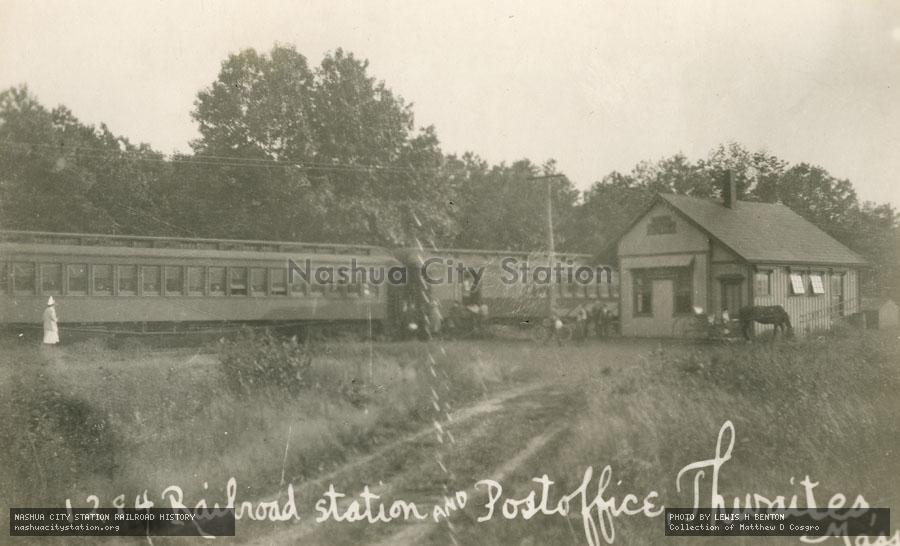 Postcard: Railroad Station and Post Office, Thwaites, Massachusetts